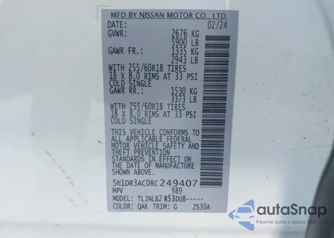 2024 Nissan Pathfinder S 4Wd из США, поврежденный, VIN 5N1DR3AC0RC249407